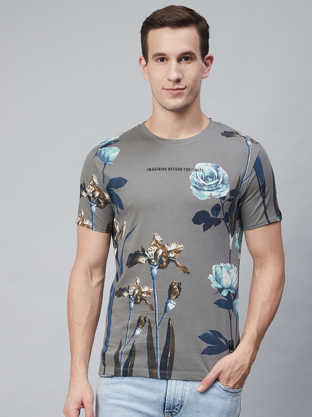 

Blackberrys Men Charcoal Grey Green Floral Printed Round Neck Pure Cotton T-shirt