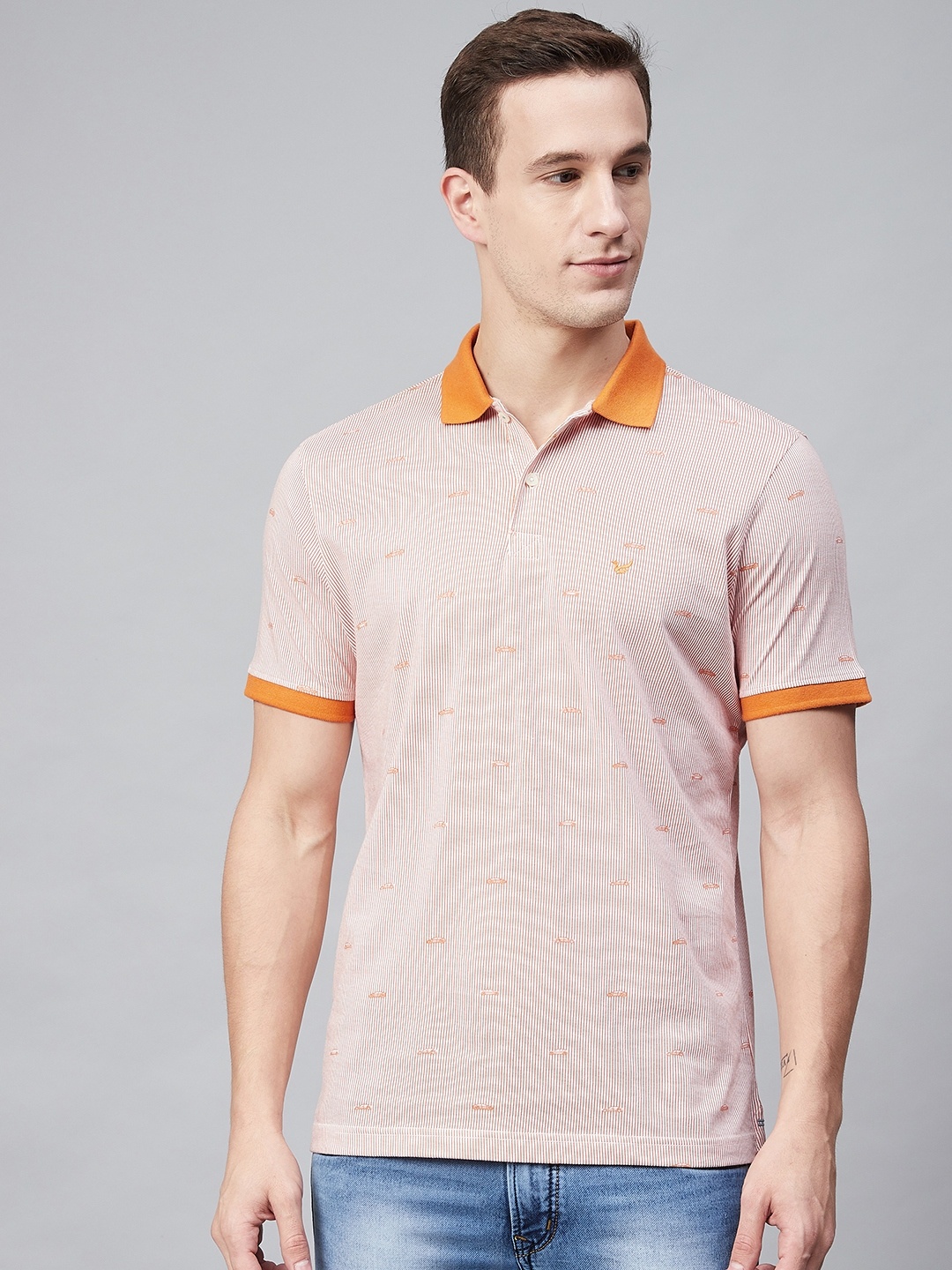 

Blackberrys Men Orange & White Striped Polo Collar T-shirt