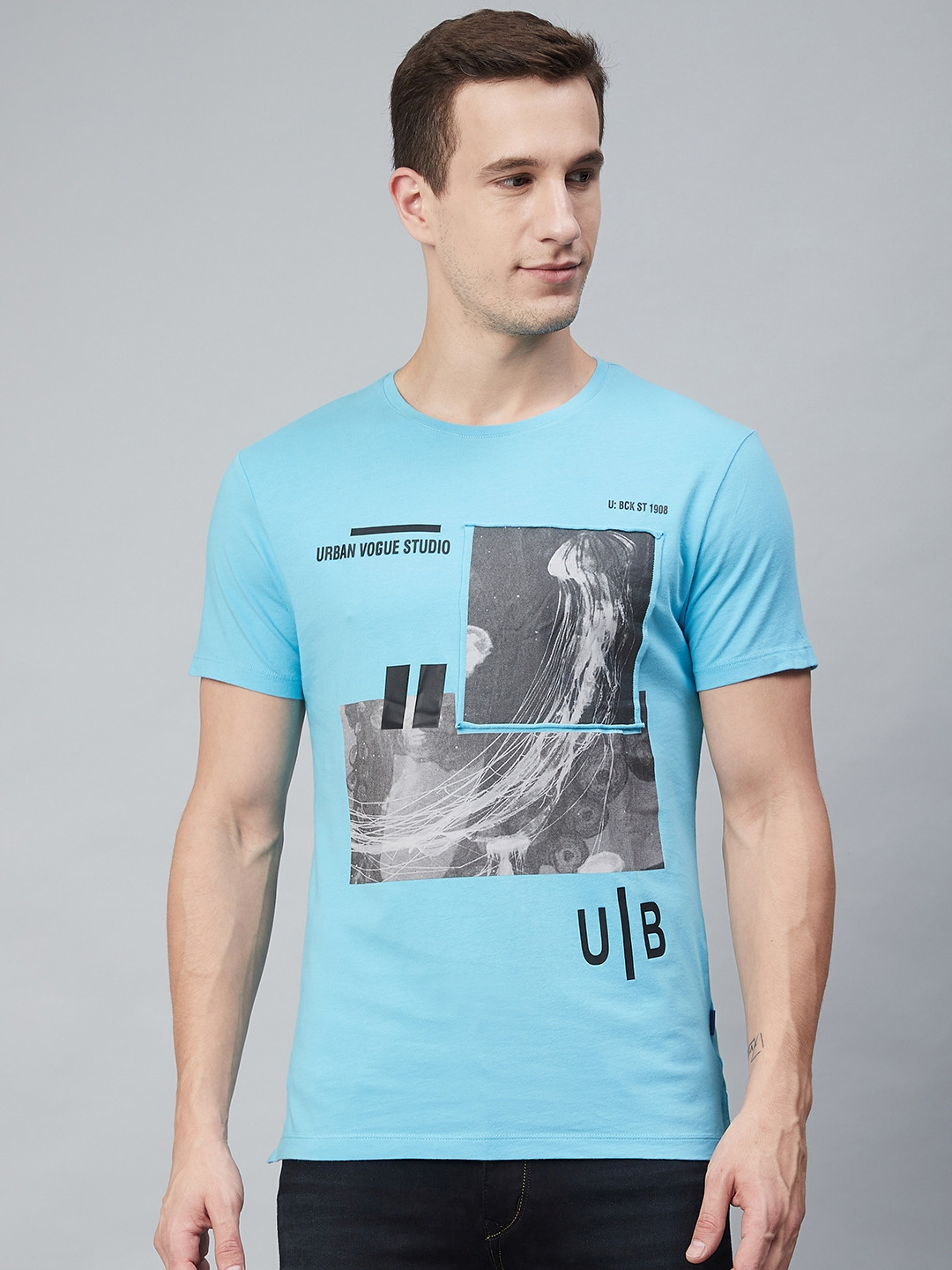 

Blackberrys Men Blue & Charcoal Grey Printed Round Neck T-shirt