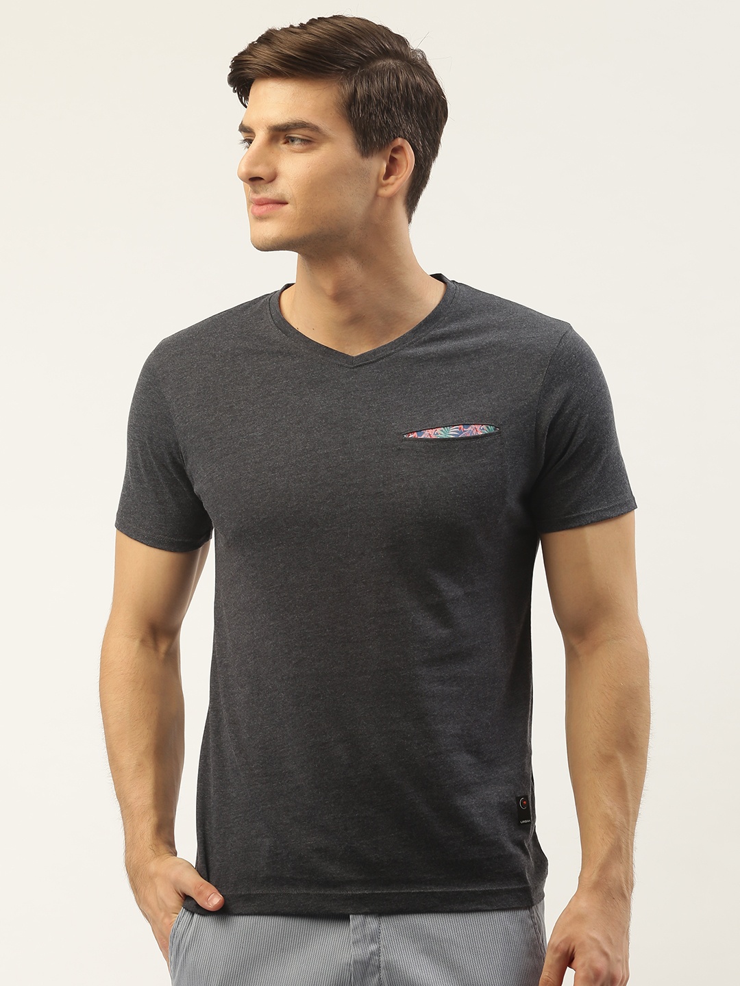 

Blackberrys Men Charcoal Grey Solid V-Neck T-shirt