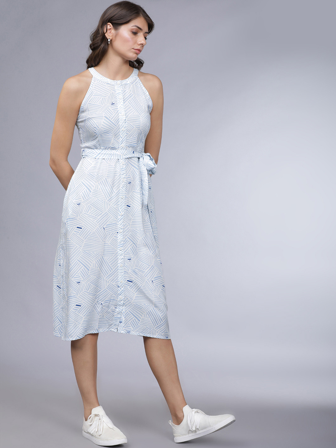 

Tokyo Talkies Women Blue Printed Fit and Flare Dress
