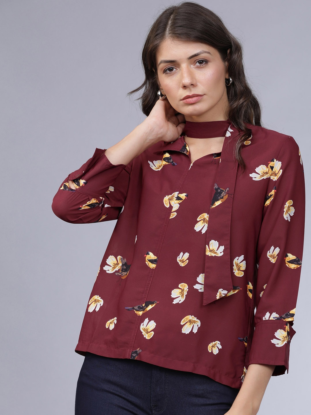 

Tokyo Talkies Women Burgundy Floral Printed Top