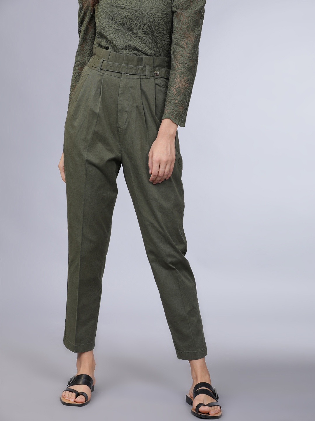 

Tokyo Talkies Women Olive Green Straight Fit Solid Peg Trousers