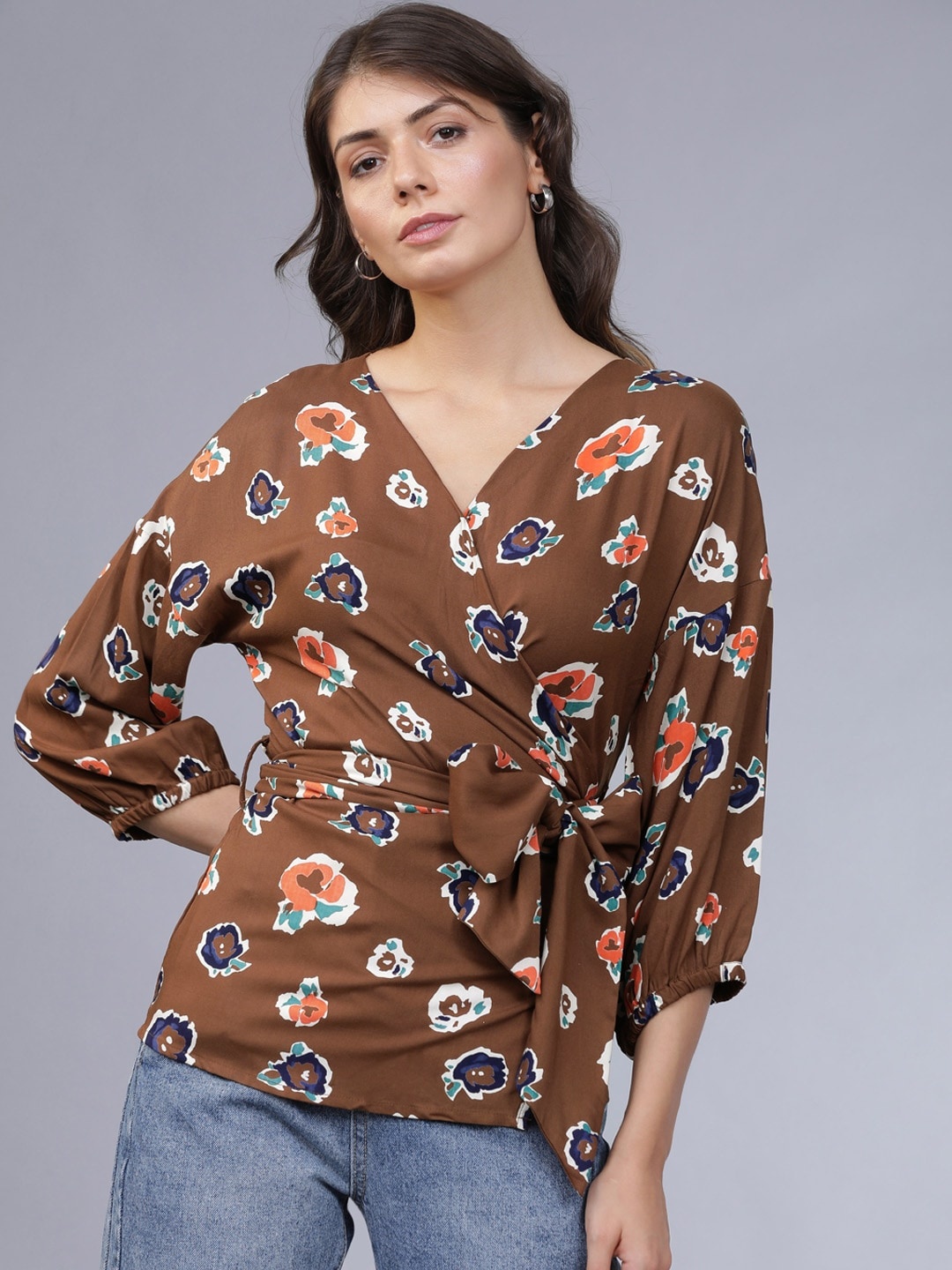 

Tokyo Talkies Women Olive Brown Printed Wrap Top