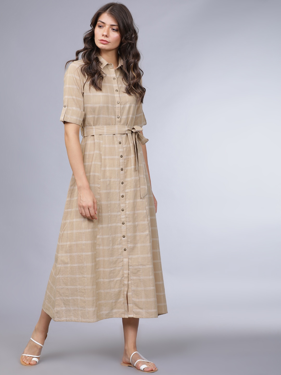 

Vishudh Women Beige & Off-White Checked A-Line Dress