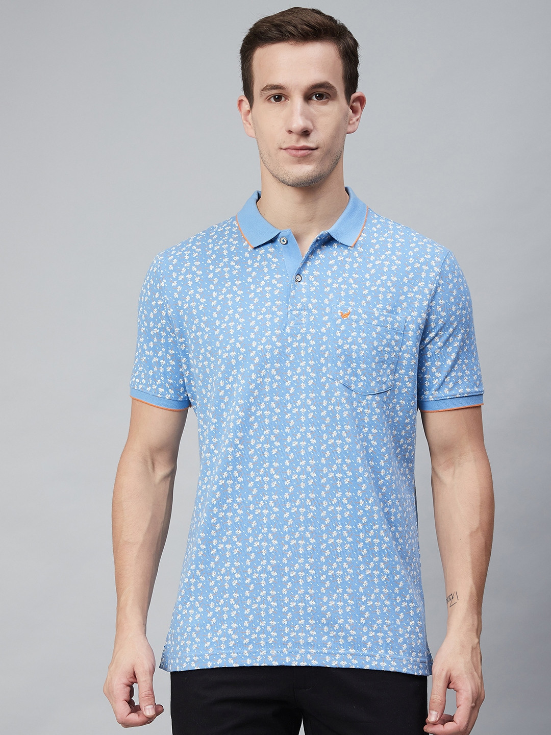 

Blackberrys Men Blue & White Ditsy Floral Print Polo Collar T-shirt