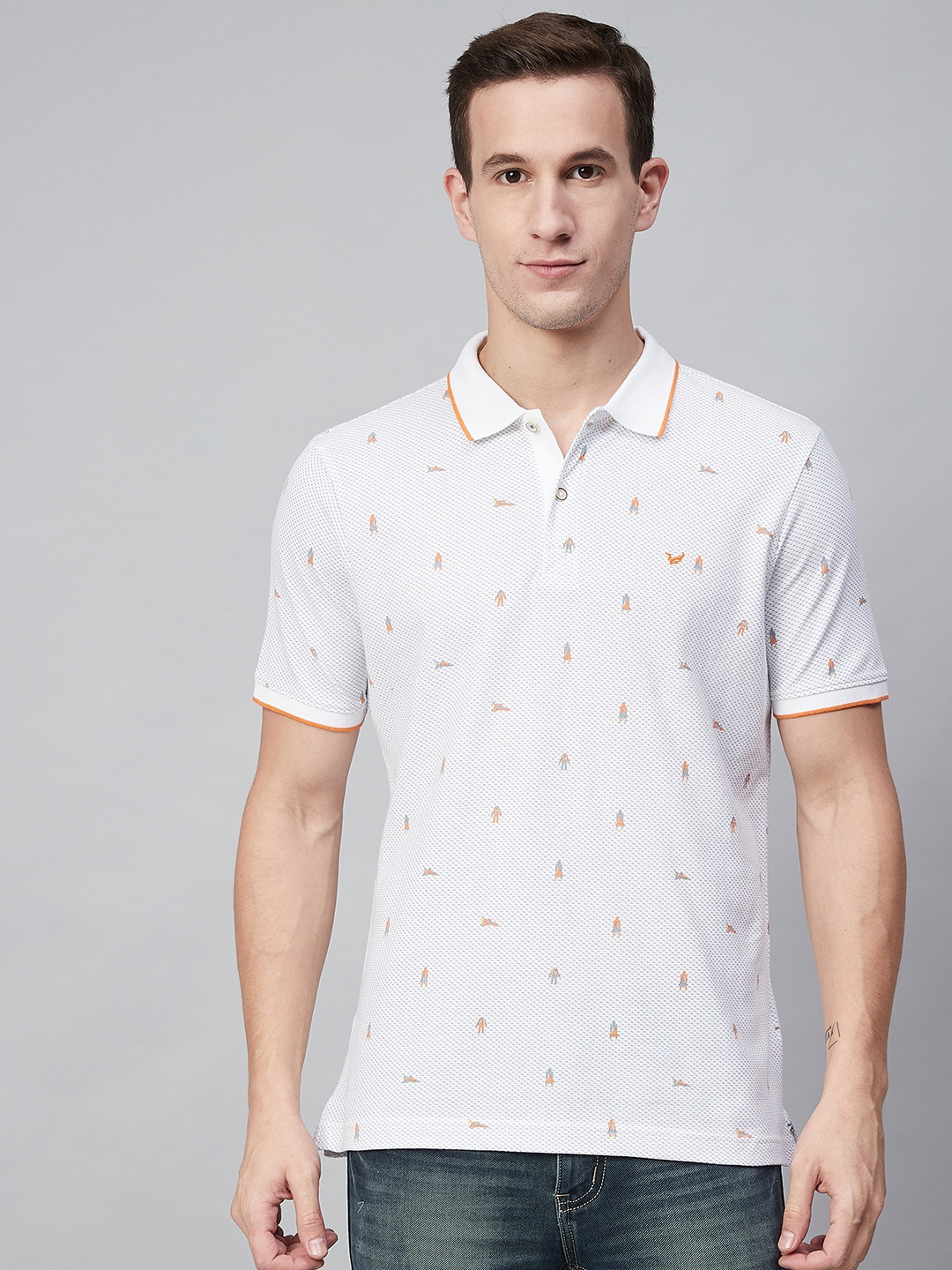 

Blackberrys Men White & Orange Printed Polo Collar T-shirt