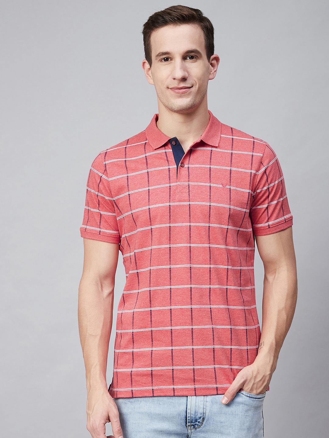 

Blackberrys Men Coral Pink Navy Blue Checked Polo Collar Pure Cotton T-shirt