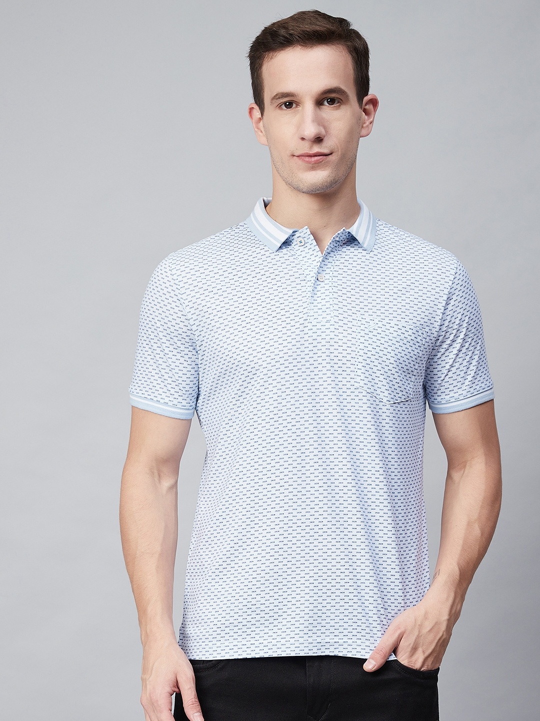 

Blackberrys Men Blue Micro Ditsy Typography Printed Polo Collar Pure Cotton T-shirt