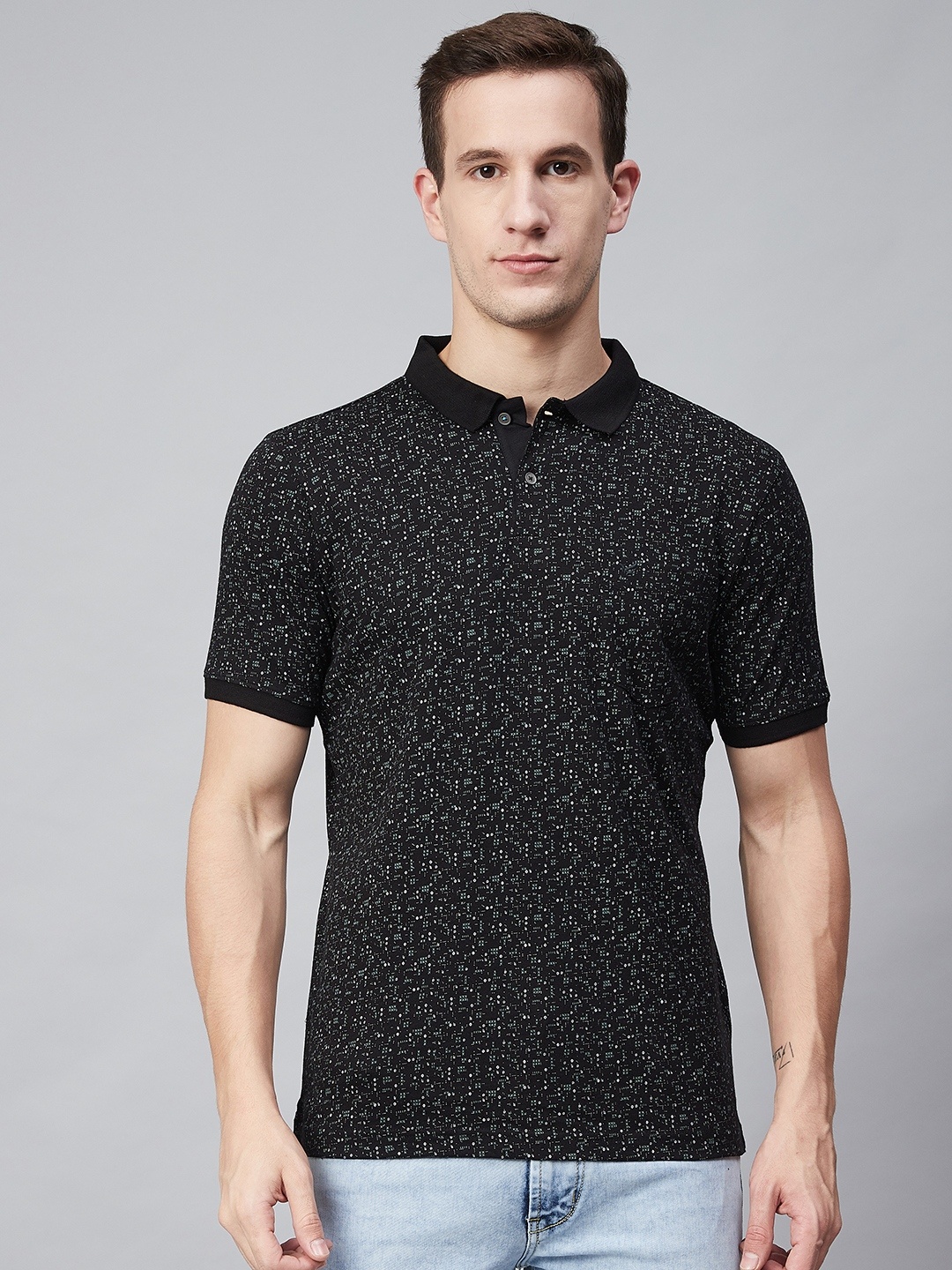 

Blackberrys Men Black & Off-White Printed Polo Collar T-shirt
