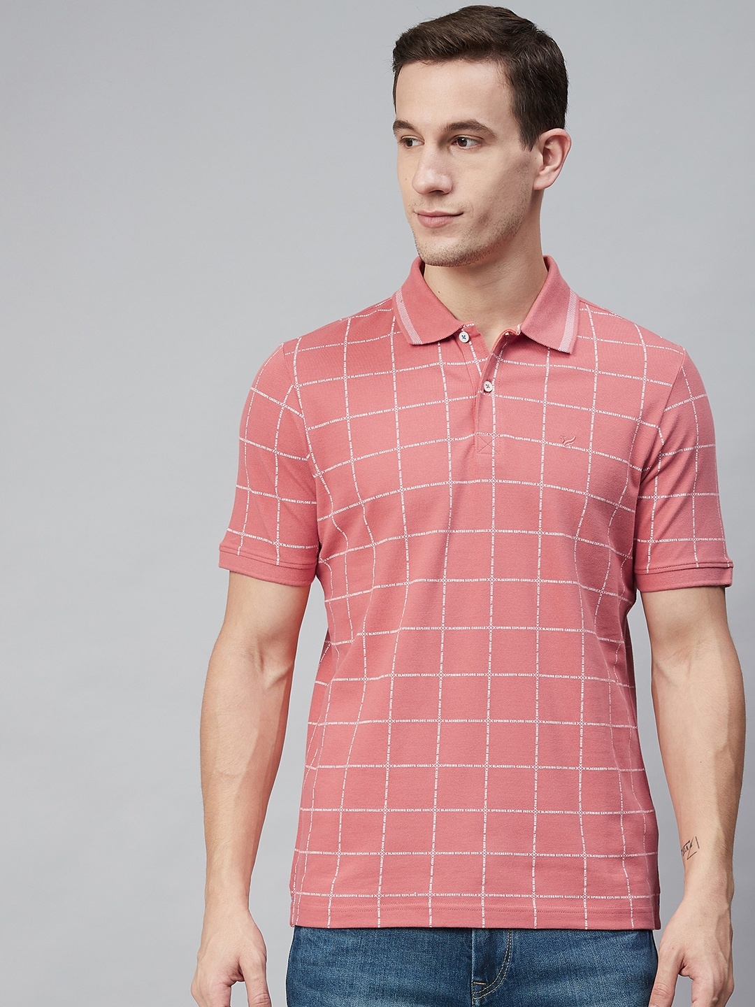 

Blackberrys Men Coral Pink & White Checked Polo Collar T-shirt