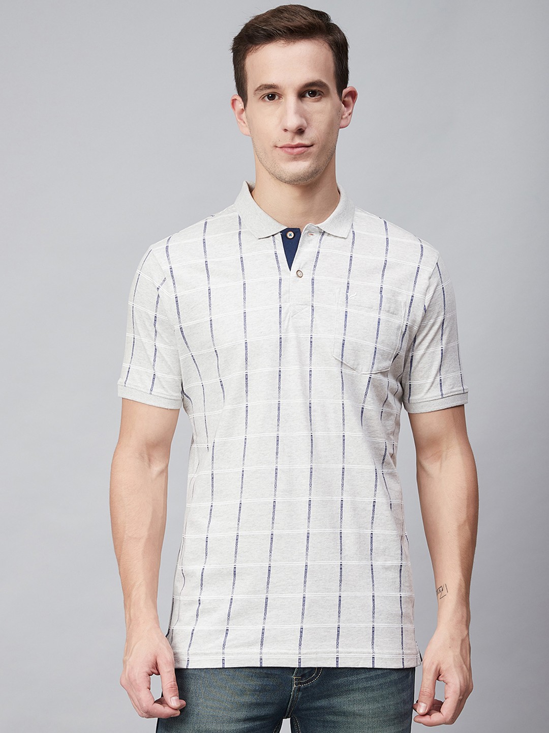 

Blackberrys Men Grey Melange & Navy Blue Checked Polo Collar T-shirt