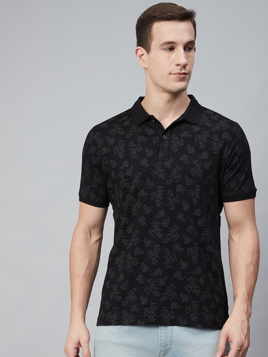 

Blackberrys Men Black & Charcoal Grey Printed Polo Collar T-shirt