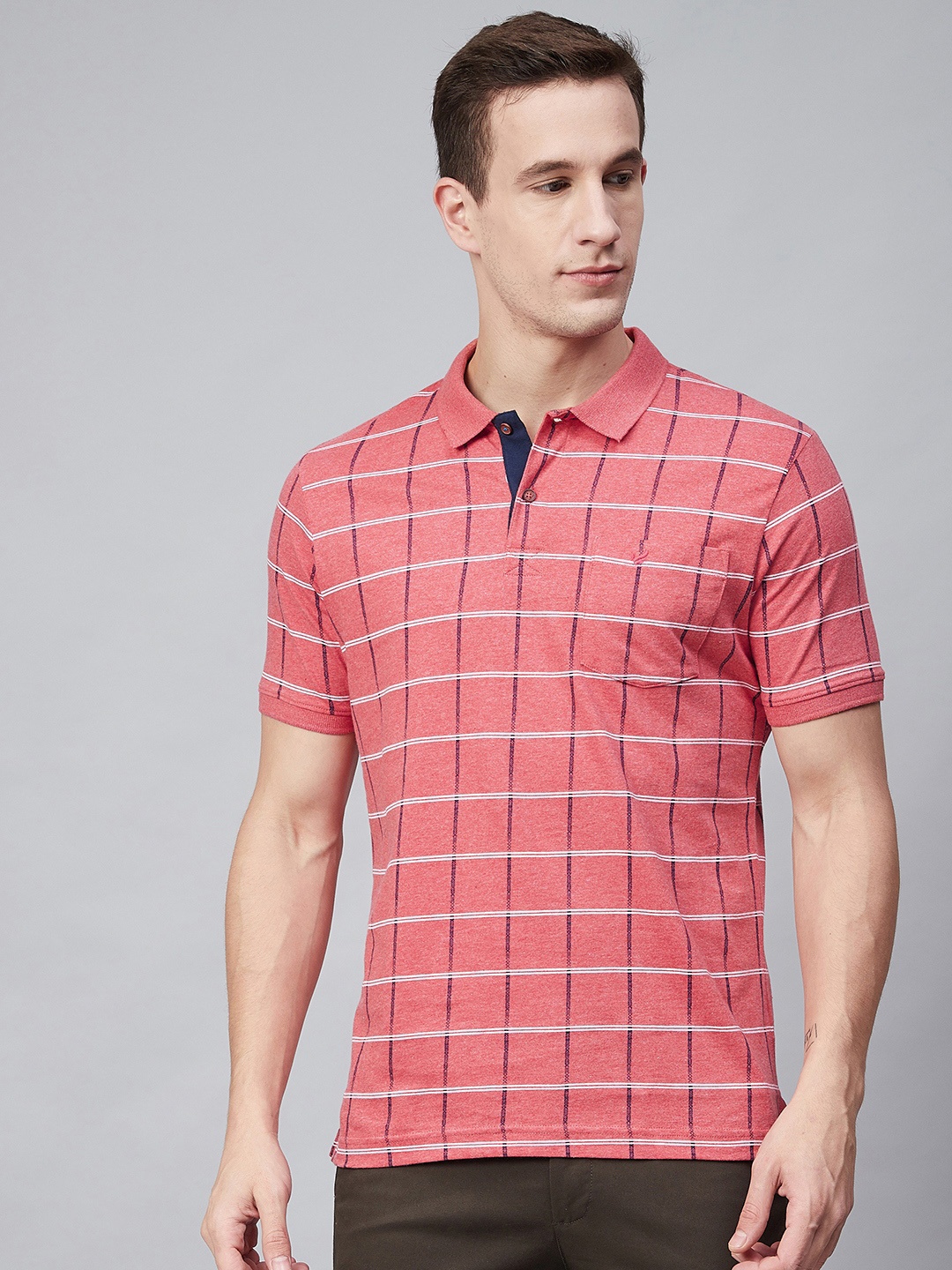 

Blackberrys Men Coral Pink Navy Blue Checked Polo Collar Pure Cotton T-shirt