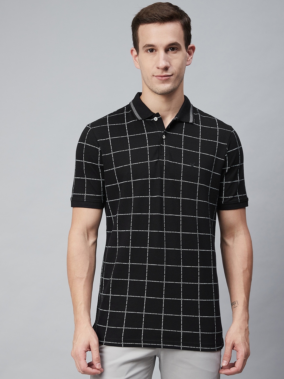 

Blackberrys Men Black & White Checked Polo Collar T-shirt