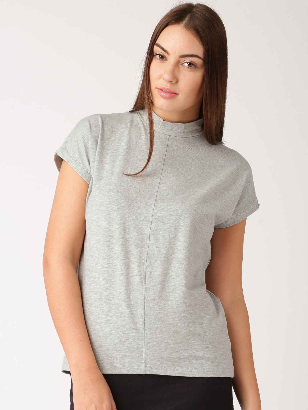 

ether Women Grey Solid High Neck T-shirt