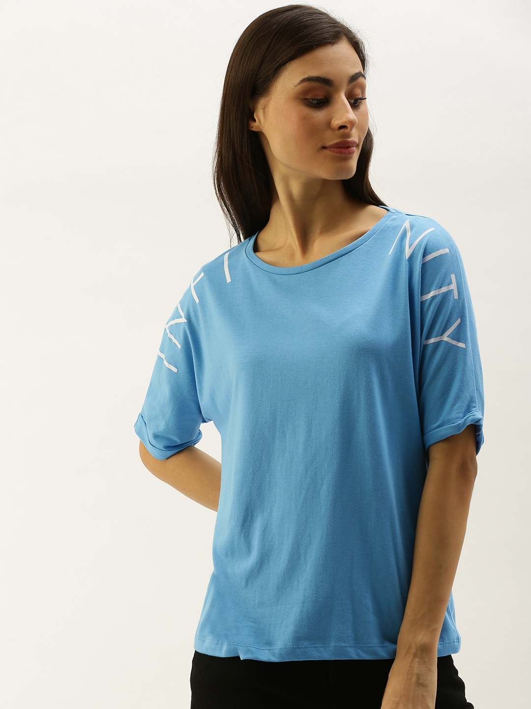 

ether Women Blue Solid Round Neck T-shirt