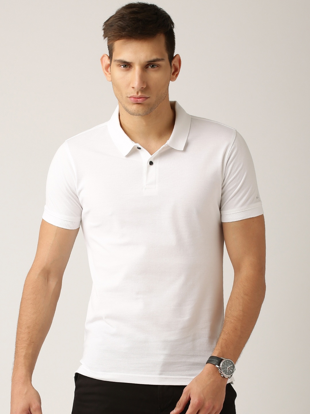 

ether Men White Solid Mercerized Polo Collar Pure Cotton T-shirt