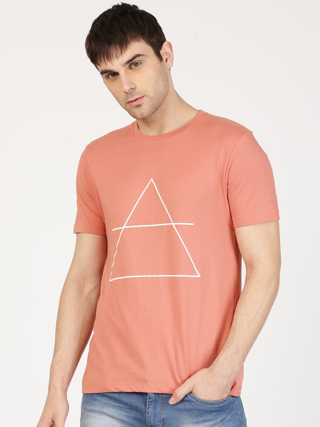 

ether Men Peach-Coloured Geometric Printed Round Neck Pure Cotton T-shirt