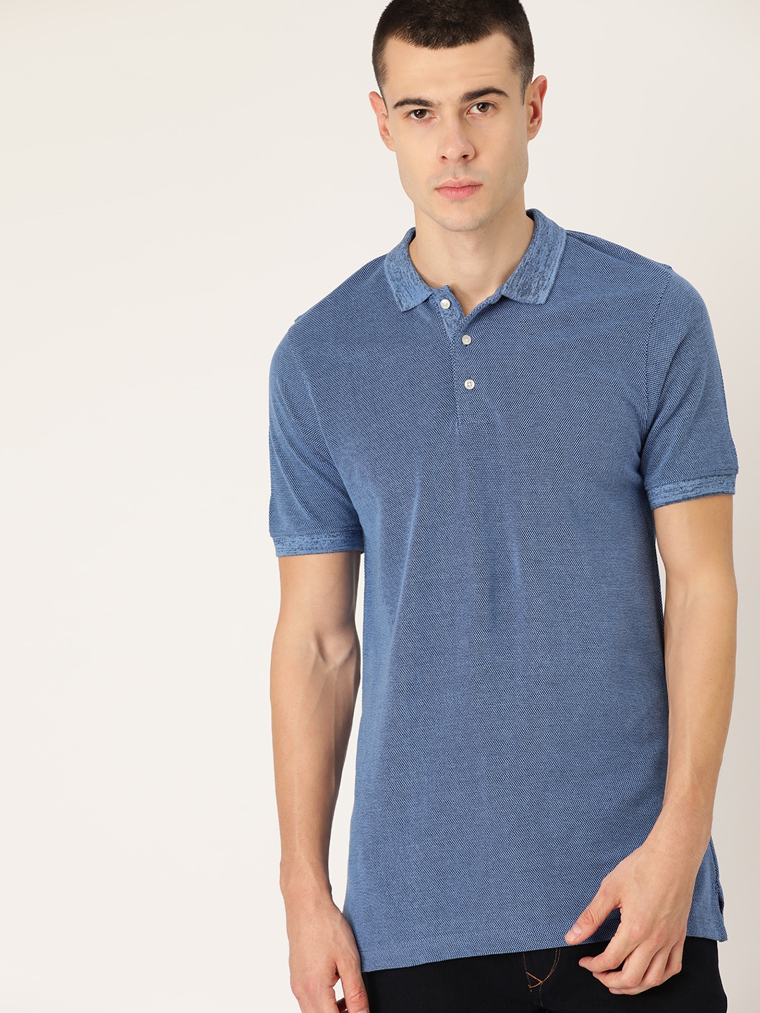 

ether Men Blue Solid Polo Collar Pure Cotton T-shirt