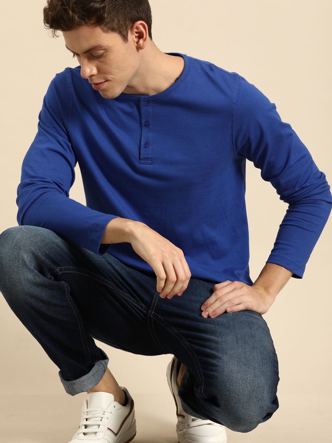 

ether Men Navy Blue Solid Henley Neck Pure Cotton T-shirt