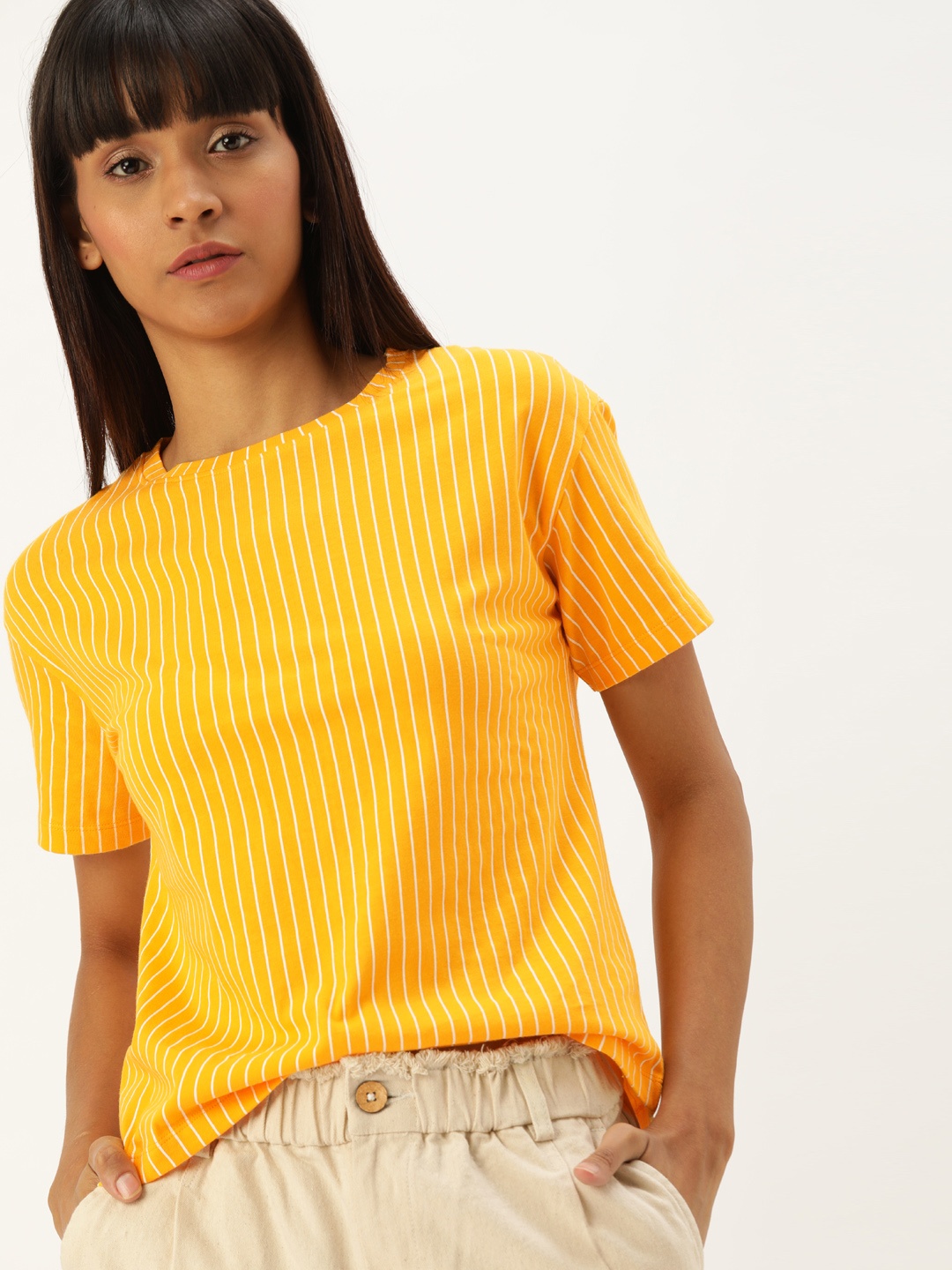 

ether Women Yellow White Striped Round Neck Pure Cotton T-shirt