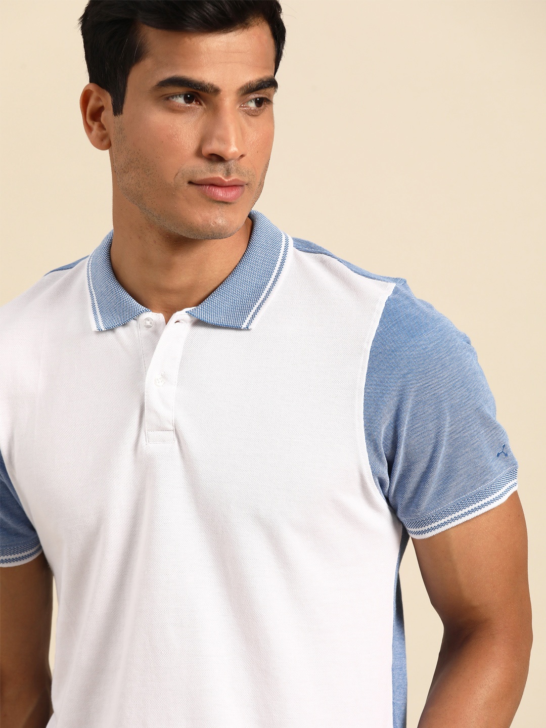 

ether Men White & Blue Pure Cotton Colourblocked Polo Collar T-shirt