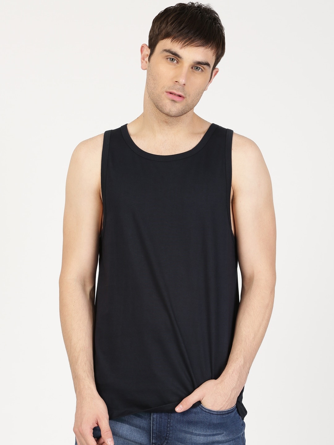 

ether Men Navy Blue Sleeveless Cotton Pure Cotton T-shirt