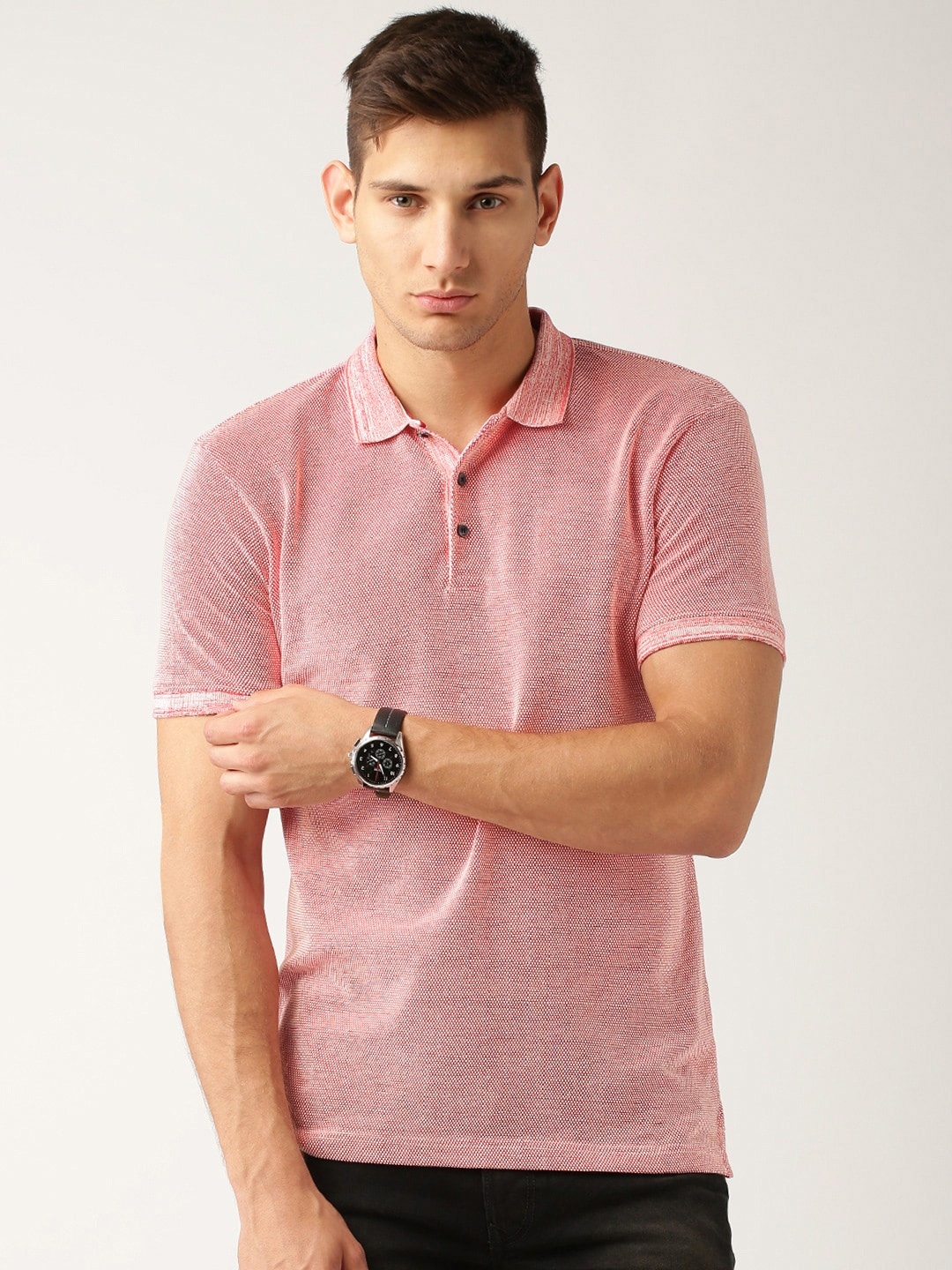 

ether Men Red Self Design Polo Collar Pure Cotton T-shirt, Coral