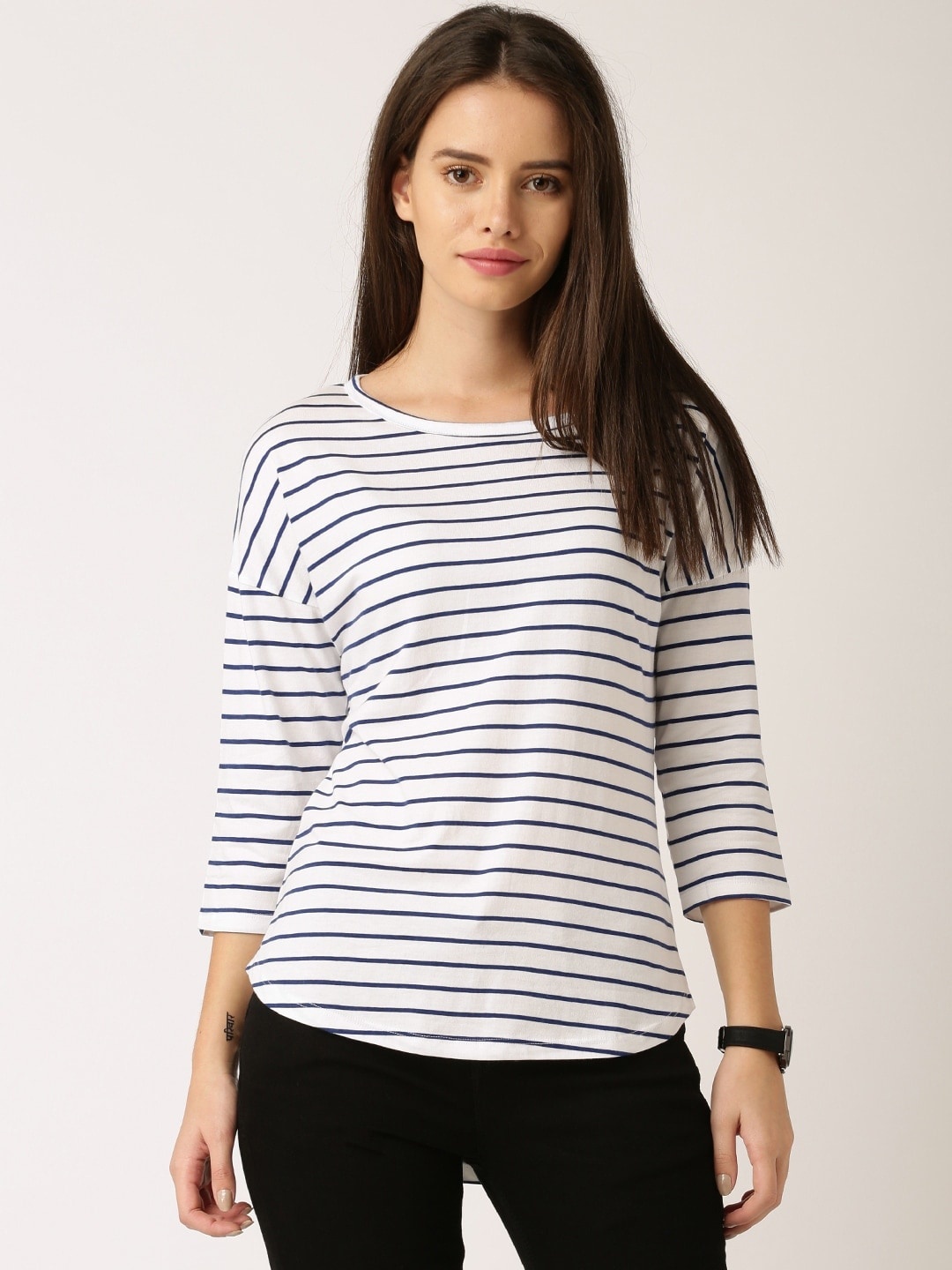 

ether White & Navy Blue Striped Round Neck T-shirt