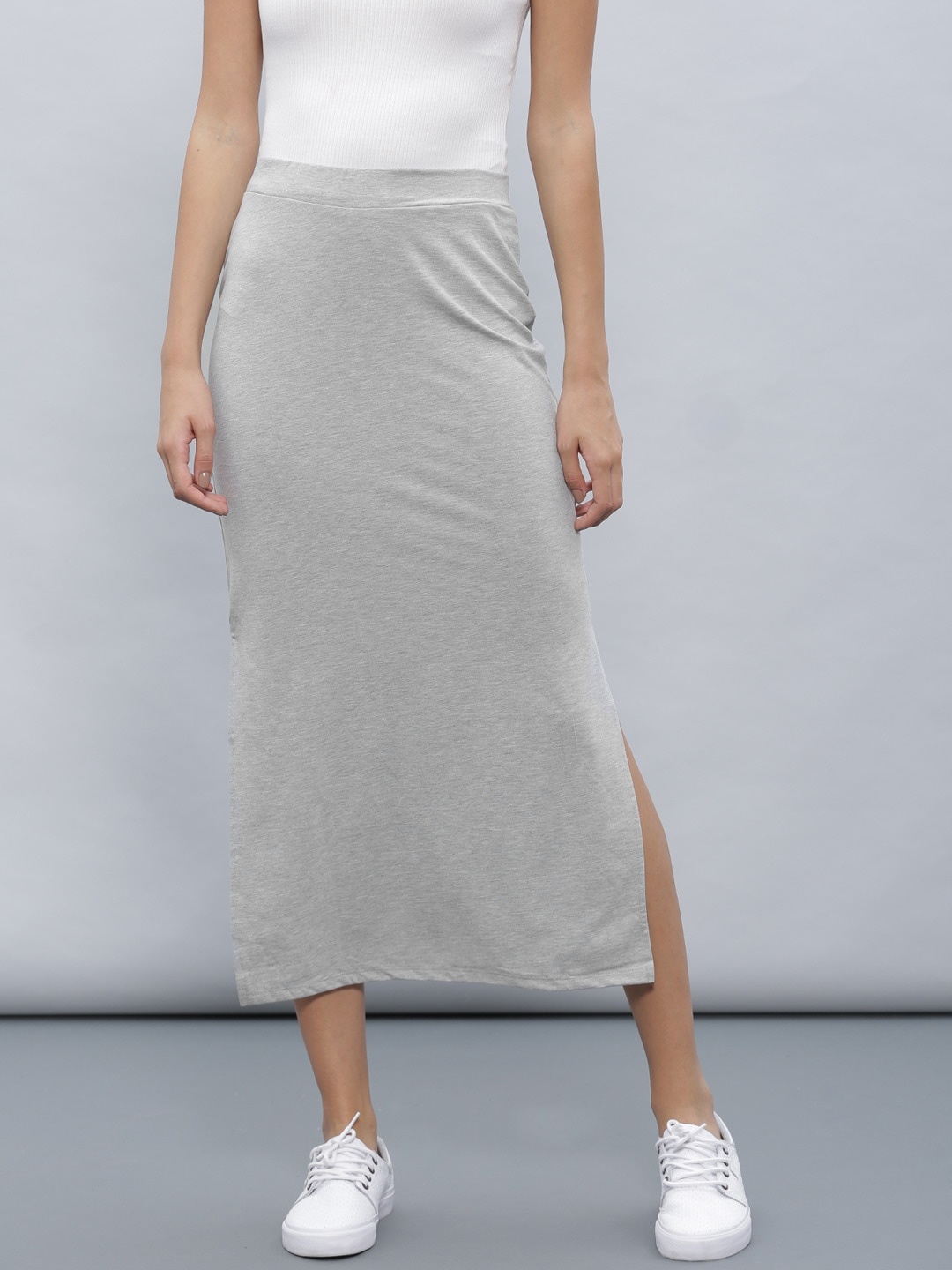

ether Women Grey Melange Solid Maxi Pencil Skirt With Side Slit