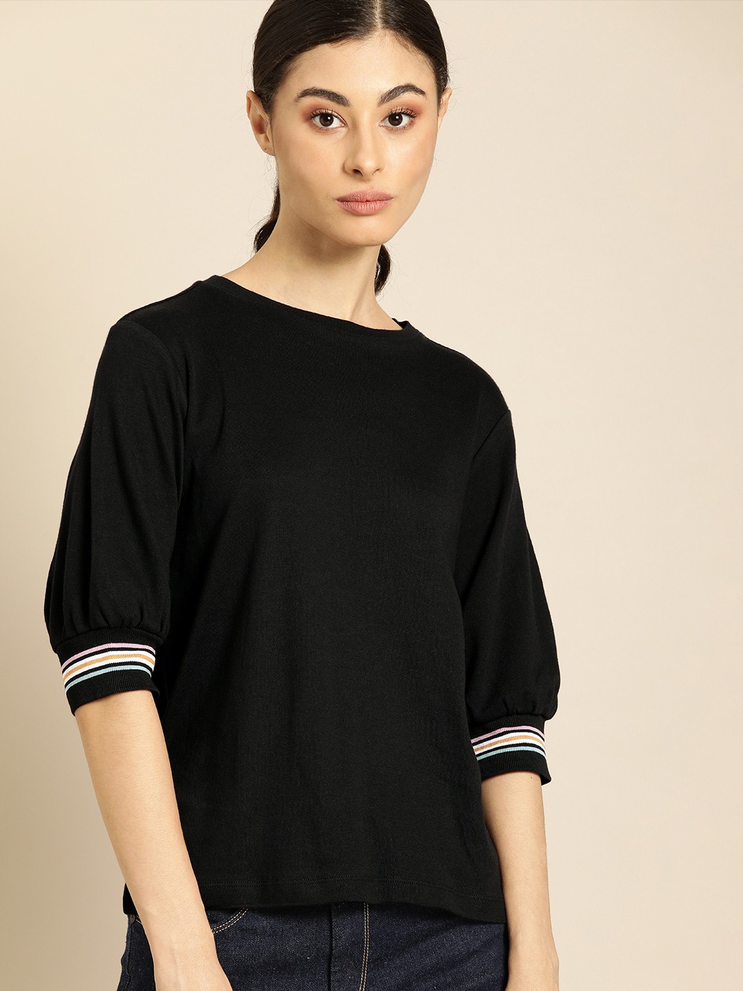 

ether Women Black Solid Round Neck Puffed Sleeve Pure Cotton T-shirt