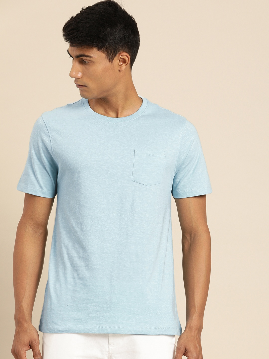 

ether Men Blue Solid Round Neck T-shirt