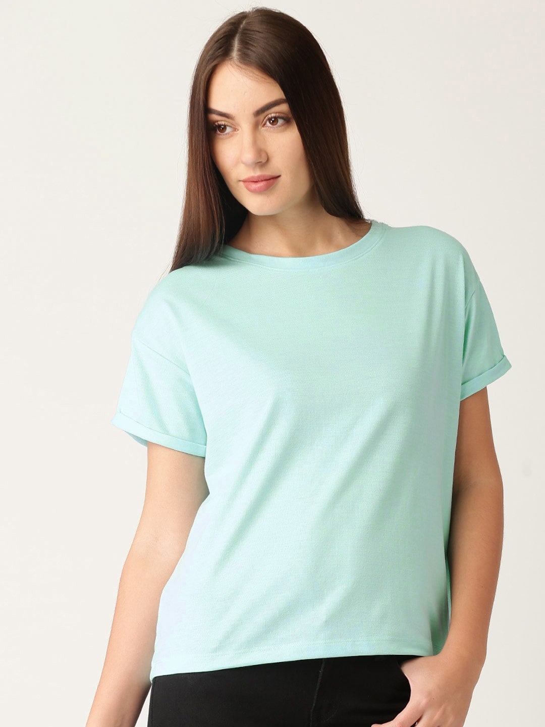 

ether Women Blue Solid Boxy Round Neck T-shirt