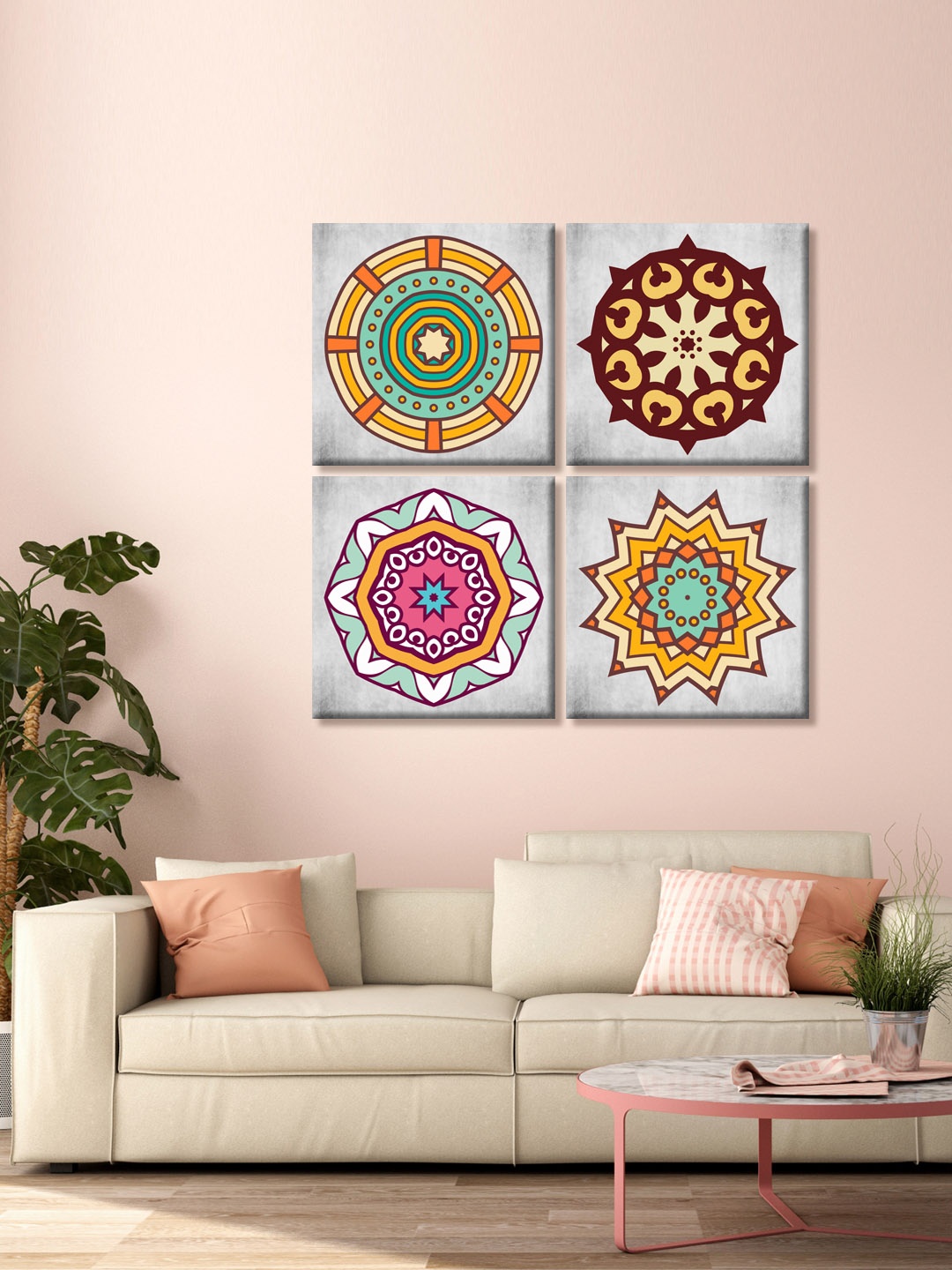 

999Store Set Of 4 Grey and Brown Indian Abstract Printed Canvas Mandala Wall Art