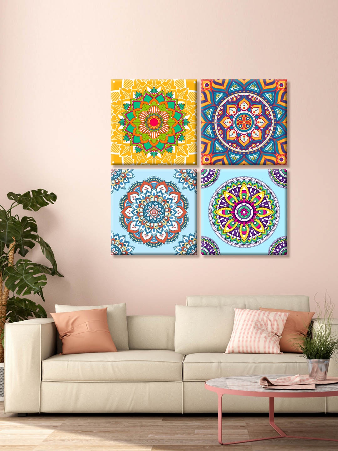 

999Store Set Of 4 Yellow Indian Abstract Mandala Printed Canvas Wall Art, Blue