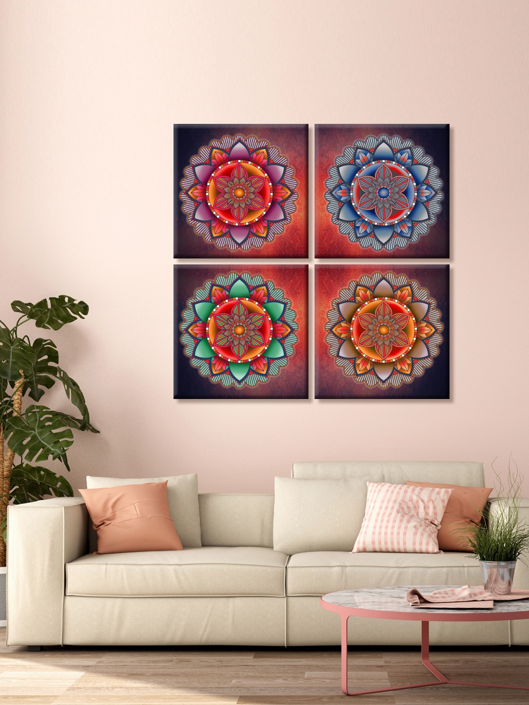

999Store Set Of 4 Red And Blue Flowers Pattern Printed Canvas Mandala Wall Art