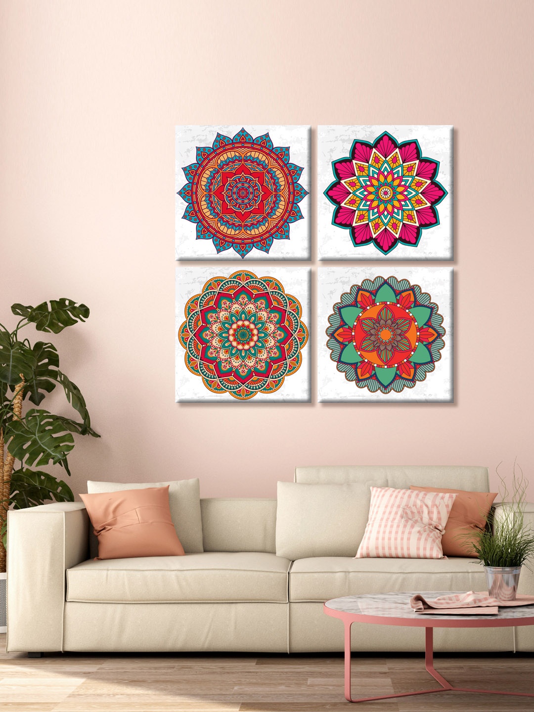 

999Store Off-White and Pink New Indian Mandala Printed Canvas Wall Art