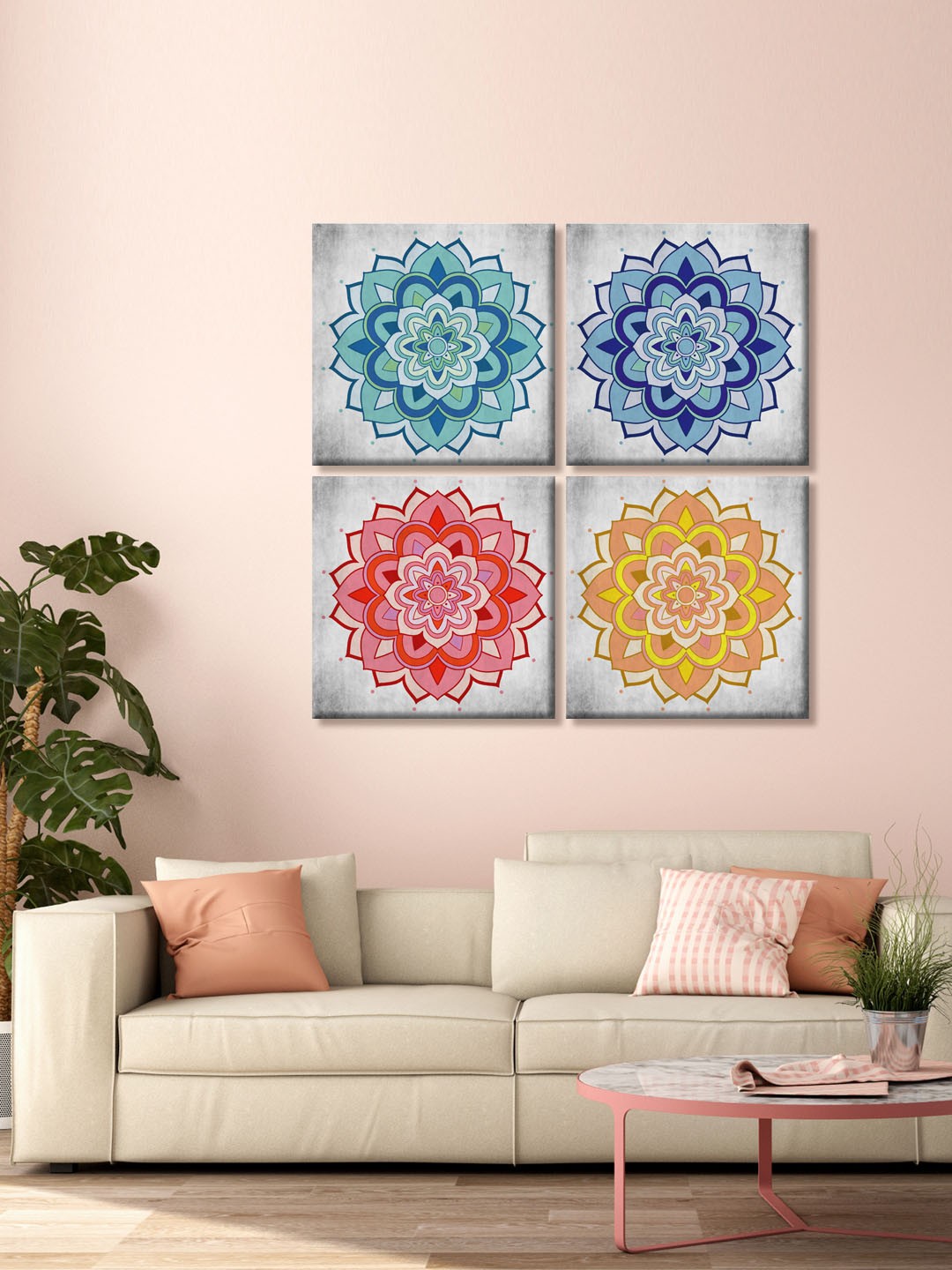 

999Store Set Of 4 Grey and Blue Abstract Printed Canvas Mandala Wall Art