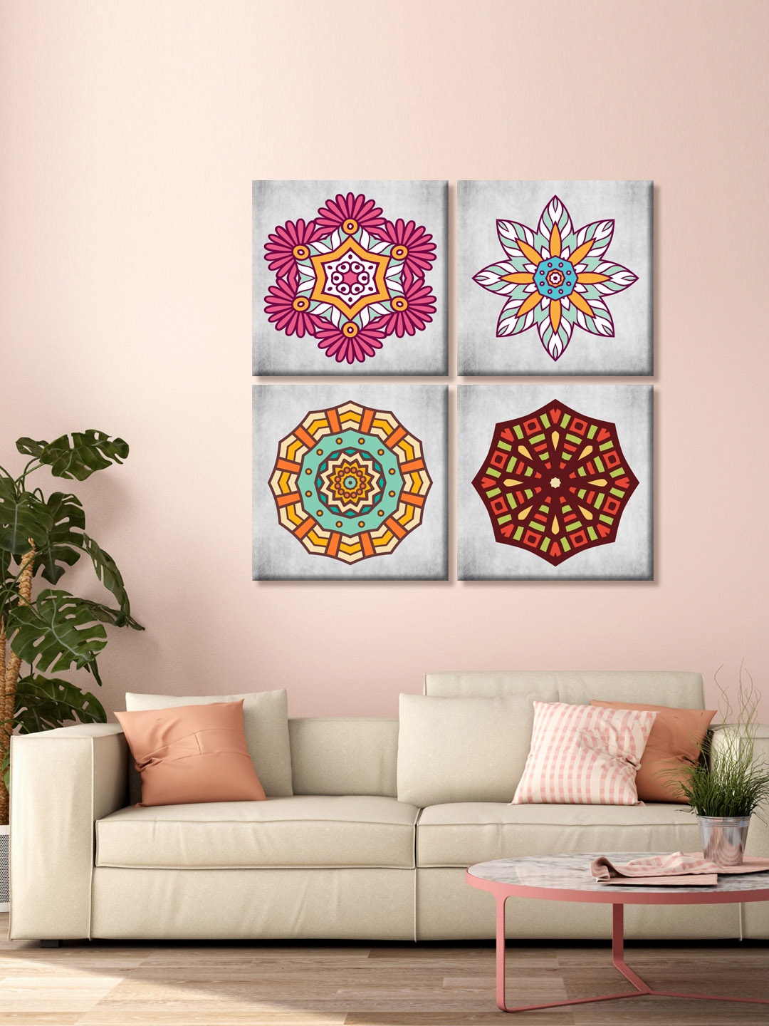 999Store Off-White And Pink Floral Mandala Printed Canvas Wall Art