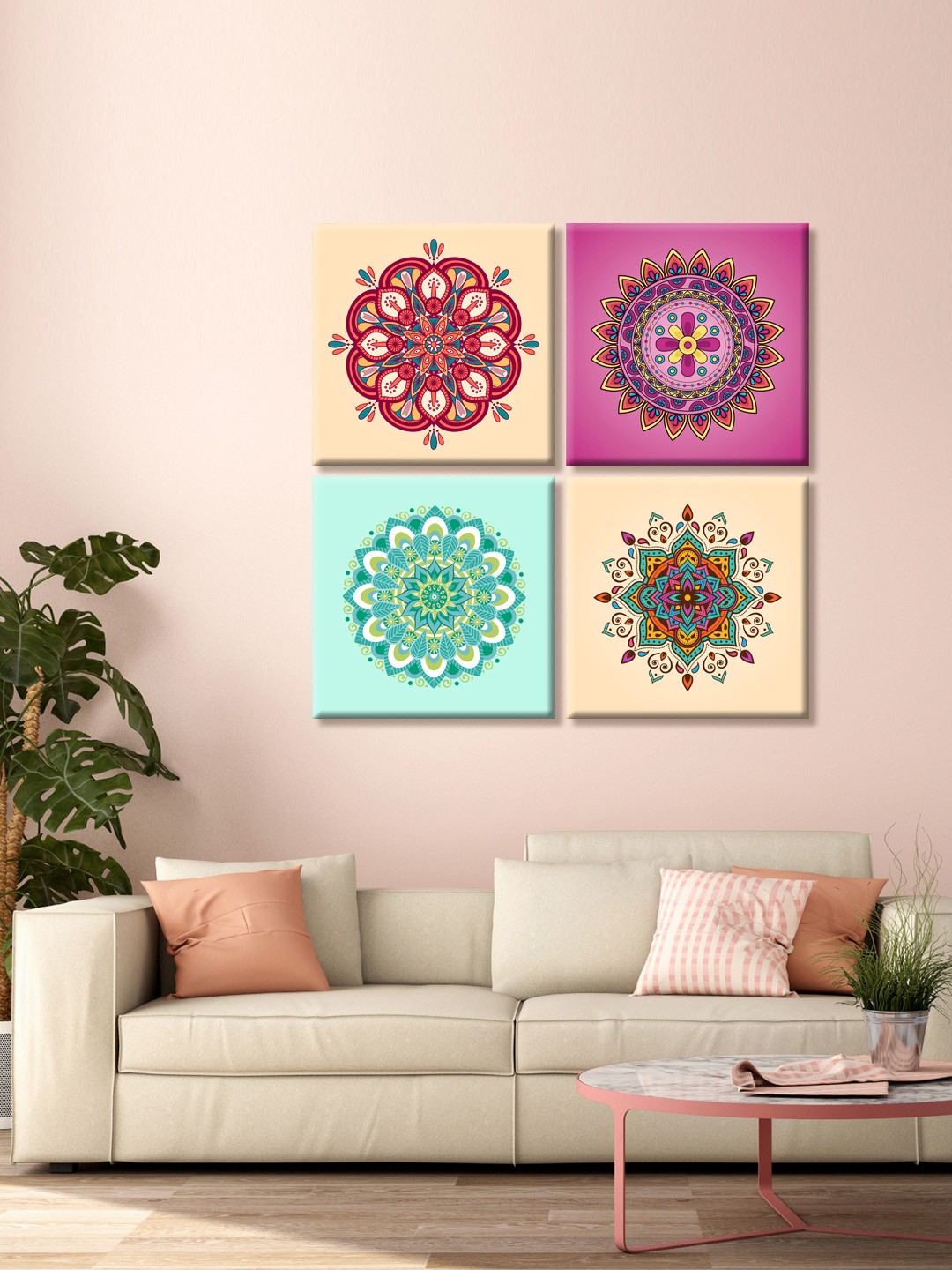 

999Store Set of 4 New Indian Mandala Printed Canvas Wall Arts, Pink