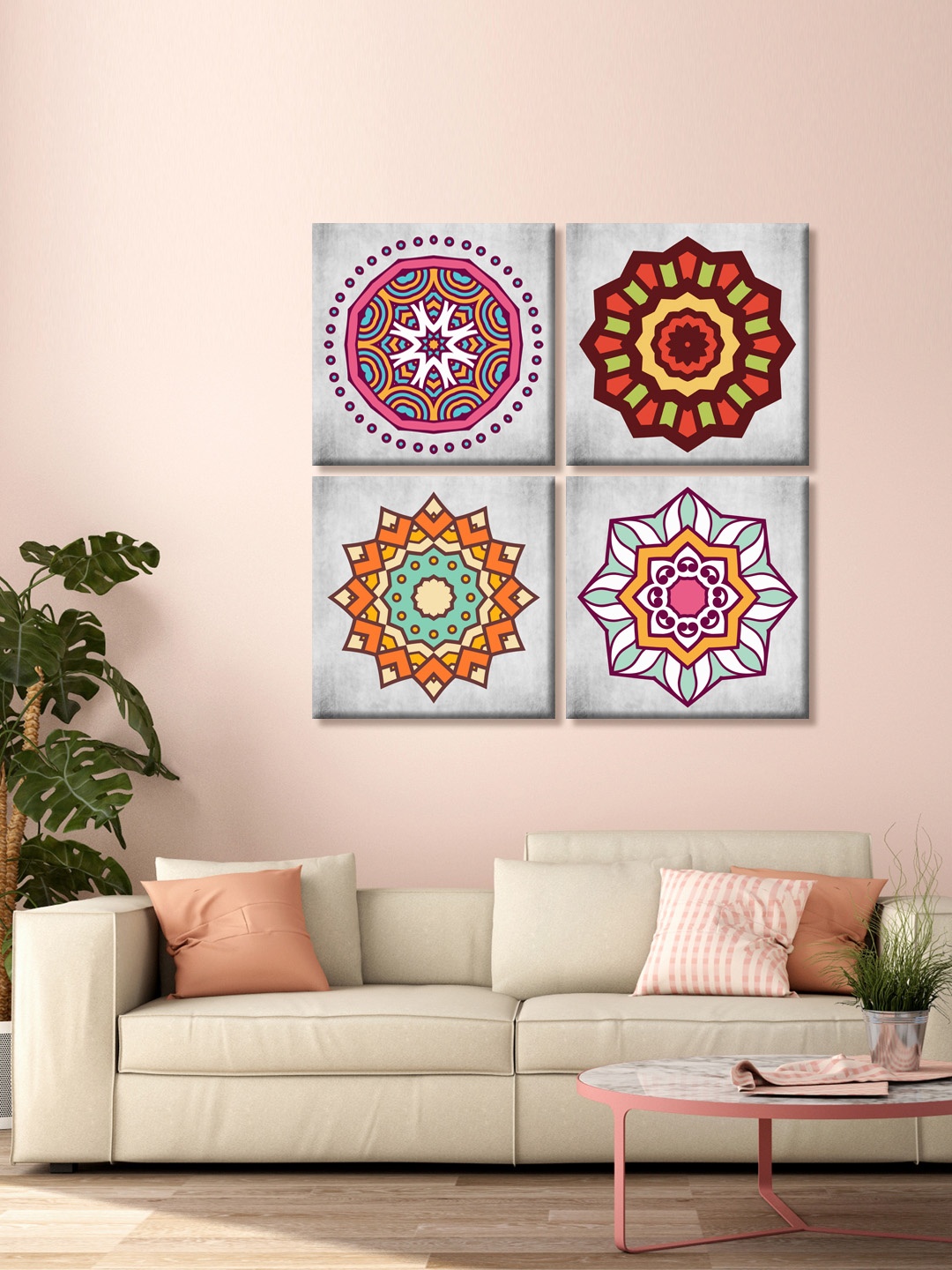 

999Store Set Of 4 Grey and Maroon Abstract Printed Canvas Mandala Wall Art