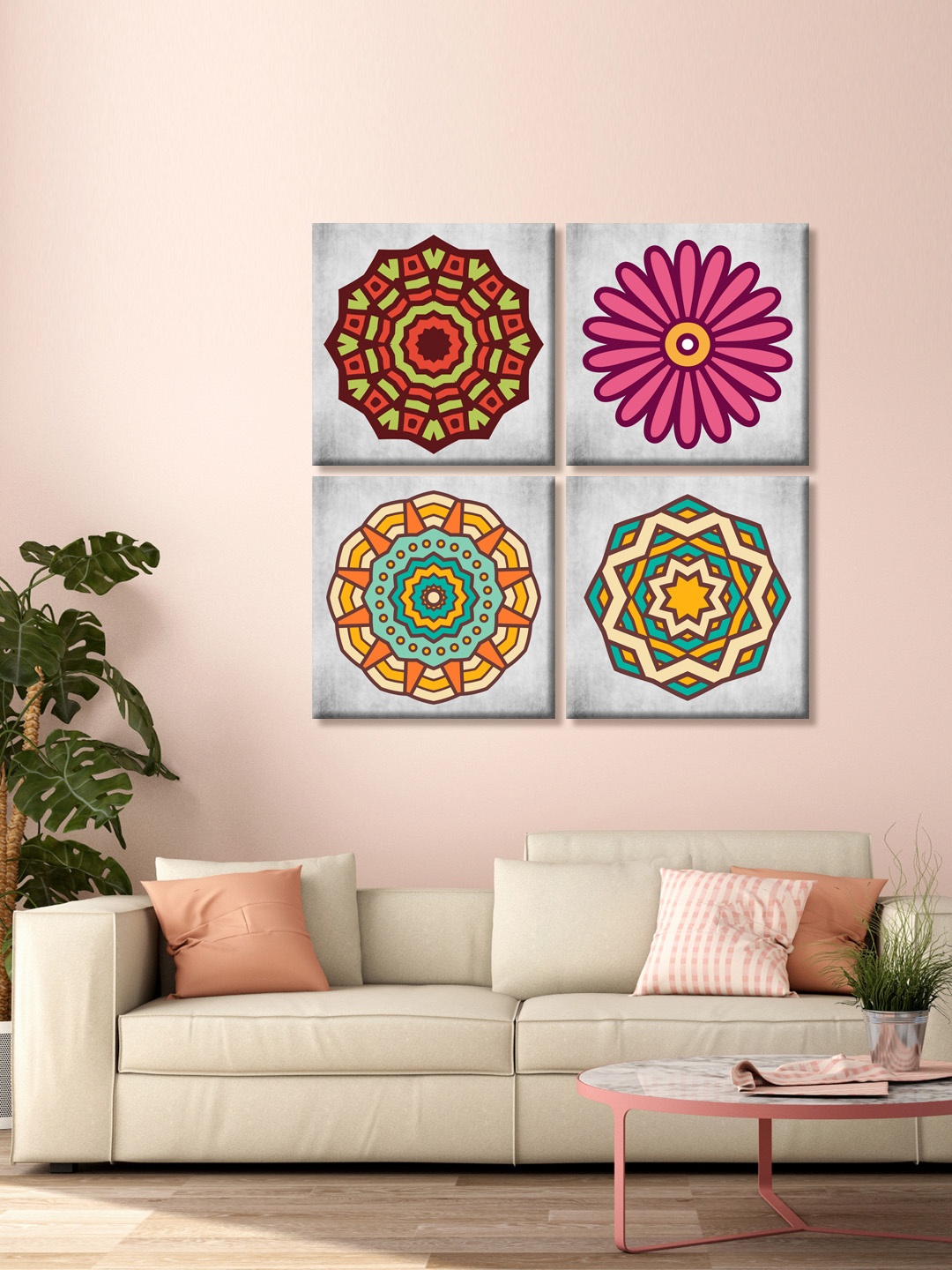 

999Store Set Of 4 Pink Flower Pattern Printed Canvas Mandala Wall Art, Grey