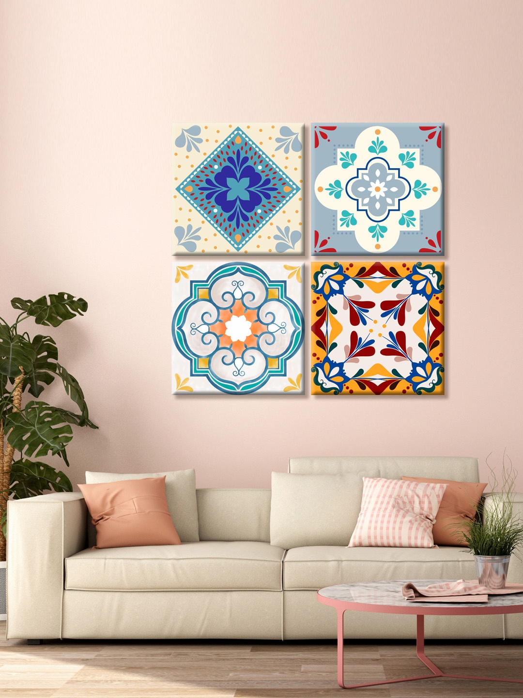 

999Store Set of 4 Blue Mandala Printed Canvas Wall Art