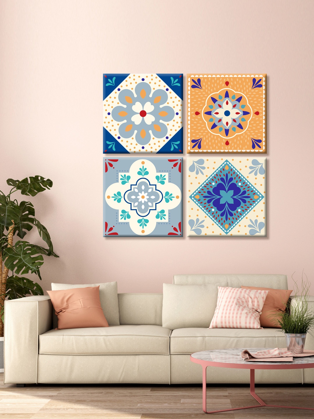 

999Store Set Of 4 Blue and Off-White Floral Pattern Printed Canvas Mandala Wall Art