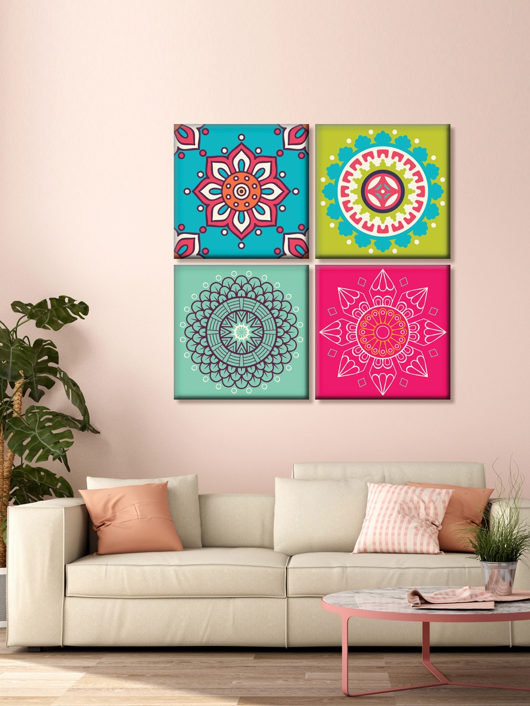 

999Store Set Of 4 Blue and Pink Floral Printed Canvas Mandala Wall Art