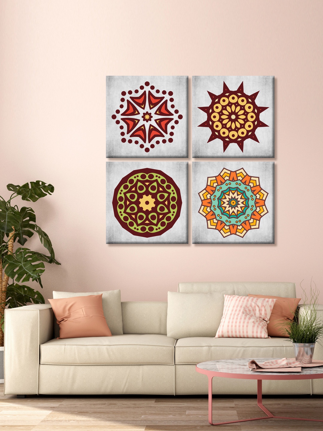 

999Store Set Of 4 Grey Indian Design Printed Canvas Mandala Wall Art