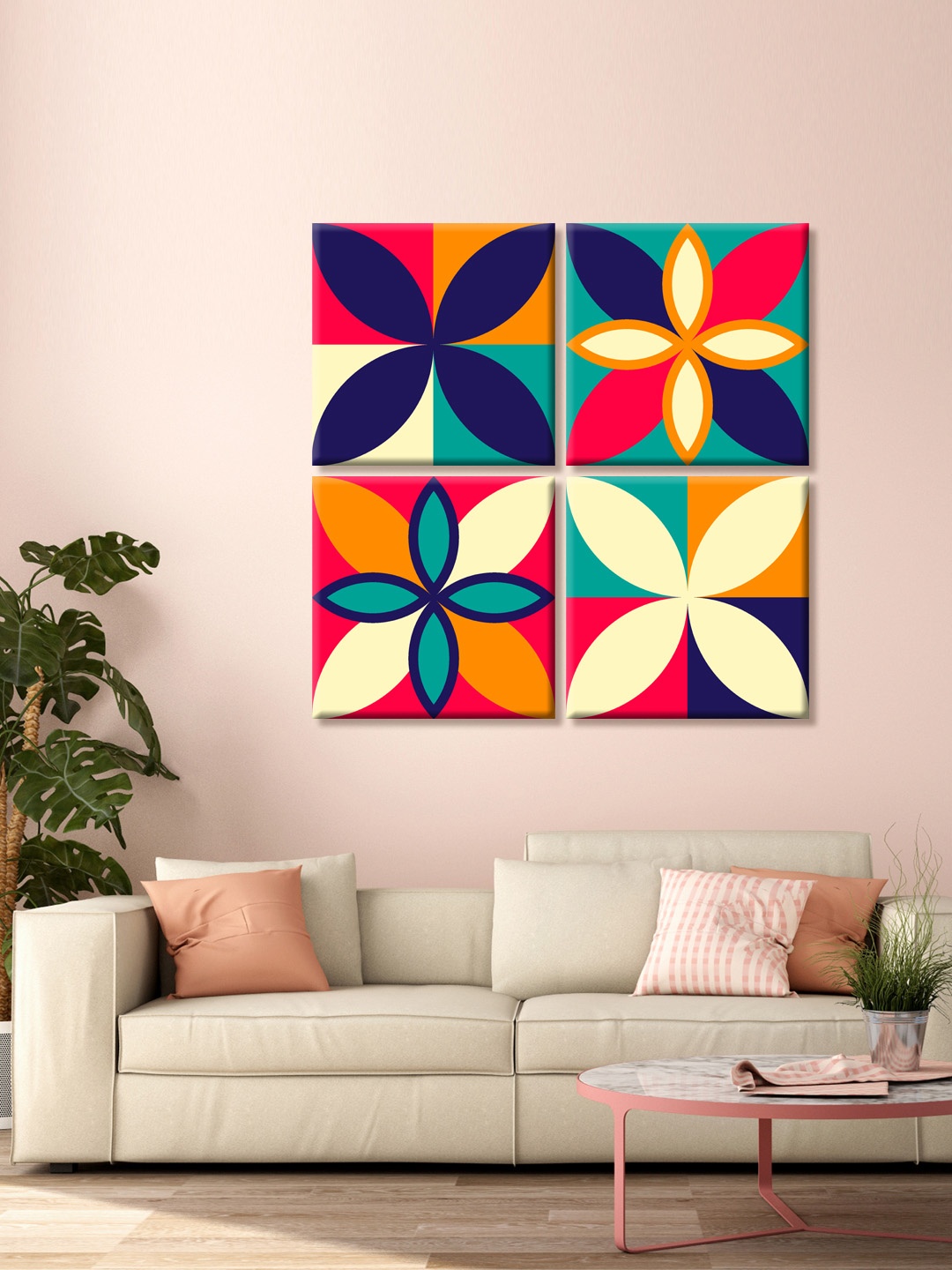 

999Store Set of 4 Beige and Navy Blue Flowers Mandala Printed Canvas Wall Art