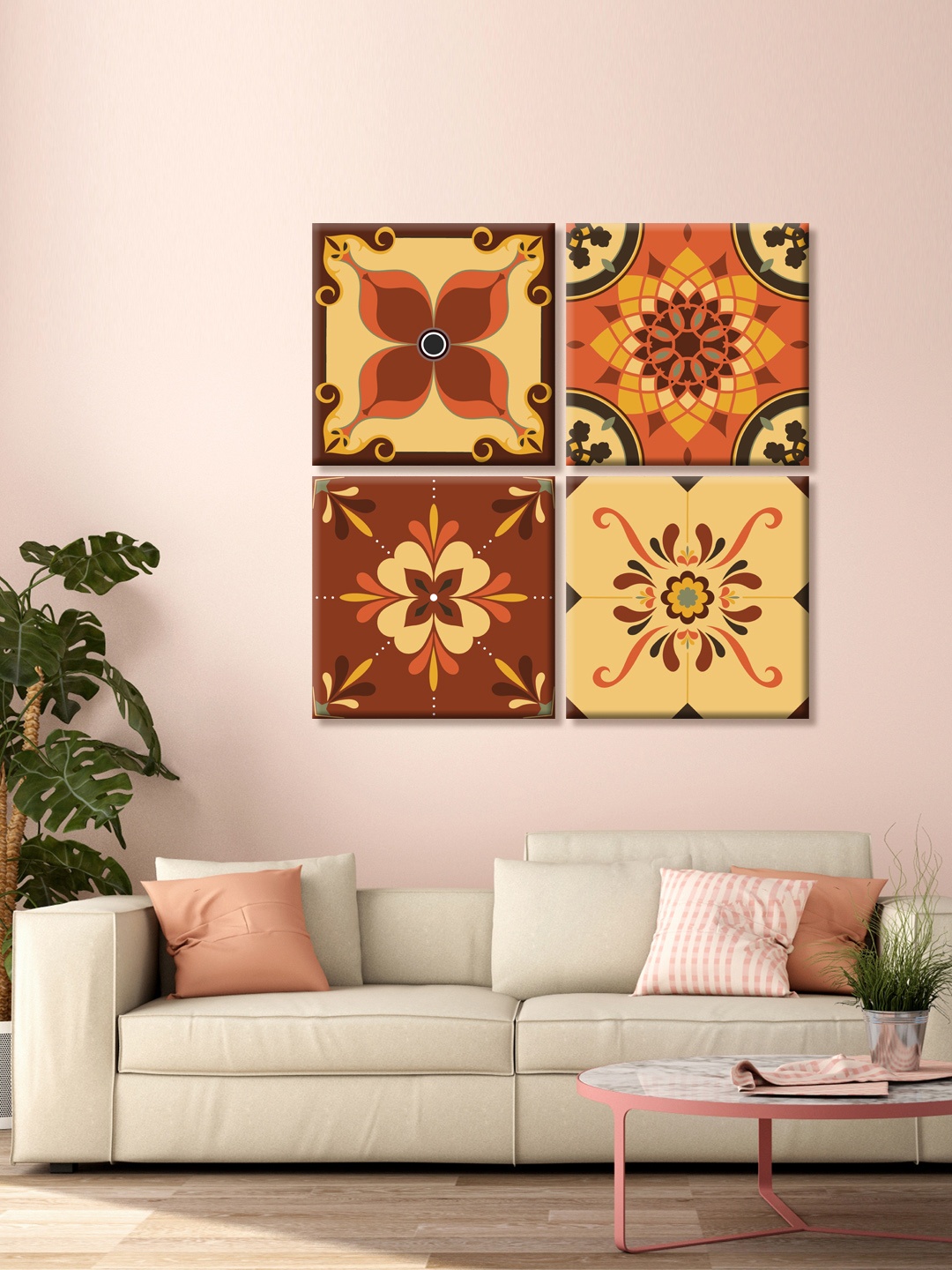 

999Store Set of 4 Brown And Beige Flower Mandala Printed Canvas Wall Art