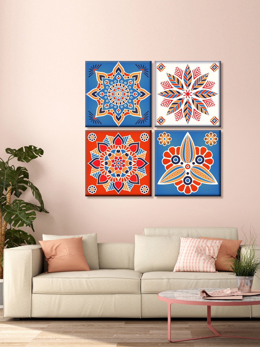 999Store Set of 4 Blue and Red Floral Mandala Printed Canvas Wall Art
